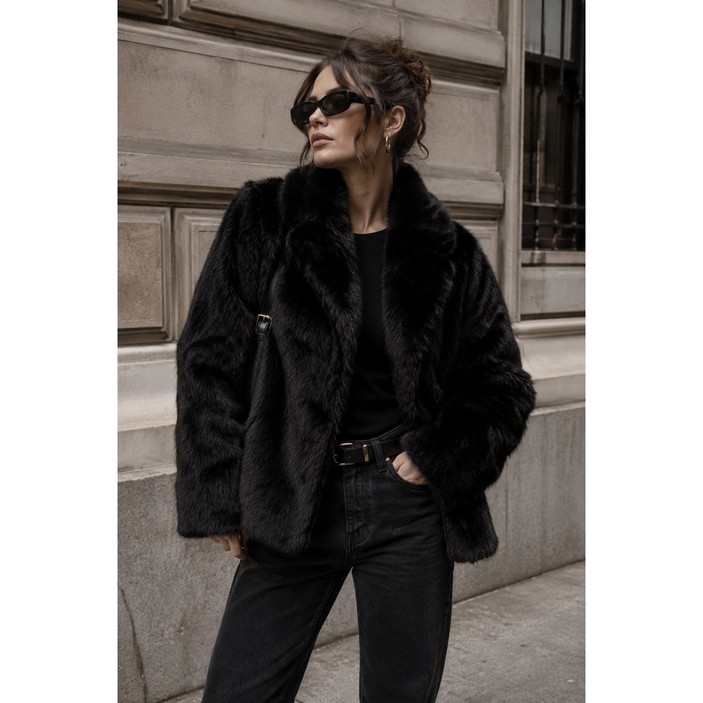 Vintage Black Faux Fur Jacket Quilted Lining Double Button Coat Korea Womens M